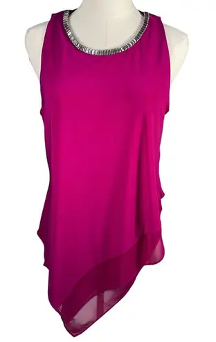 Larry Levine L. Levine Embellished Neck Sleeveless Asymmetric Hem Magenta Tank Top