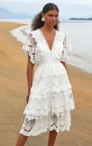 Farm Rio NWT  Richelier Midi in Off-white Lace Tiered Ruffle Dress XS $280