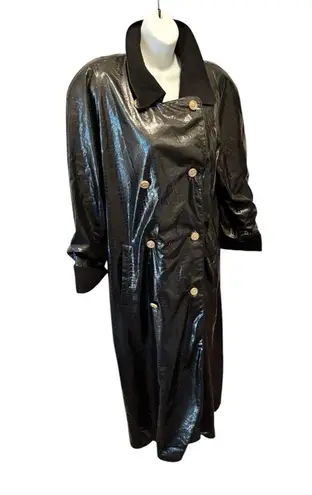 Pierette B. Faux Croc Lined Slicker Trench Coat Sz 40/10 Midi Length Black Swiss