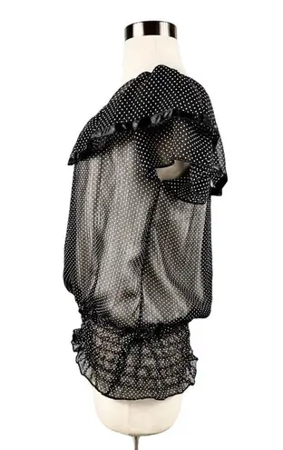 FROKEN SOT Blouse Black White Polka Dot Ruffles Sheer Top Retro Small Rockabilly