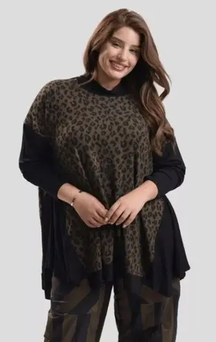 Alembika Chiu Oversized Cheetah Mock Neck Top Women XL Brown Black