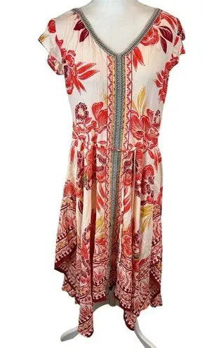 Lola P. Asymmetrical Boho Midi Dress Orange Floral Handkerchief Hem