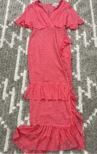 SALONI Rose Polka Dot Ruffled Coupe Silk Midi Dress sz 0 Pink