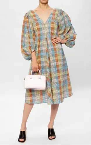 Ganni ππ Seersucker Check Dress ~ Midi Tent Plaid Picnic Balloon Sleeve Size 40