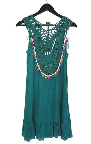 Aolro Teal Crochet Pom Pom Swim Coverup / Dress Size Small Resortcore Fringe Multiple