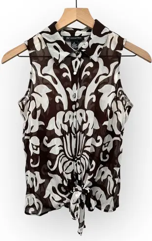 American Vintage 90s INC Brown White Sheer Tie Front Sleeveless Collared Button Top Size 4 thumbnail 1