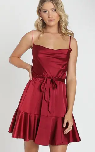 Showpo Like You Never Know Dress In Wine Satin 