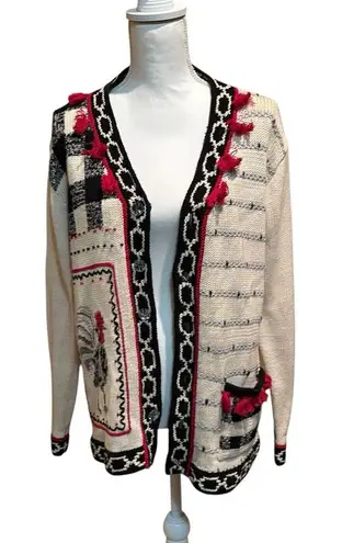 Storybook Knits Cardigan Sweater Cream Black Red Rooster Size Small Tassels