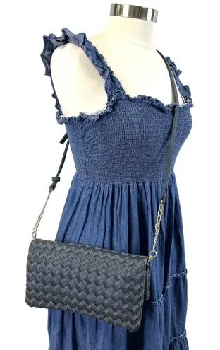 Sole Society Woven Flap Crossbody Bag Clutch Navy Blue Boho Minimalist Neutral