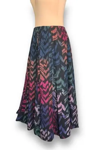 Vintage Winter Sun Multicolor Abstract Print Elastic Waist Maxi Skirt Size Large Black