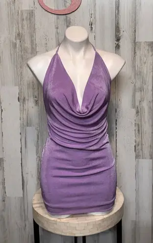 Fiestar Lavender Cowl Neck Ruched Halter Mini Dress – Size Small Purple
