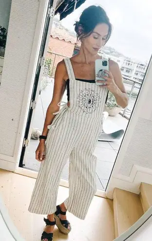 DANNIJO Wide Leg Embroidered Yin Yang Zodiac Cropped Cotton Overalls Jumpsuit Black