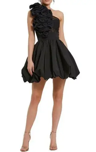 Mac Duggal NWT Black Taffeta One Shoulder Ruffle Bubble Hem Mini Dress Size 2