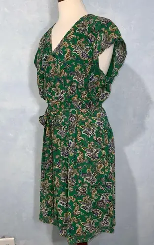 DR2 Green & Blue Paisley Short Sleeve Double V Above Knee Casual Chiffon Dress L Size L
