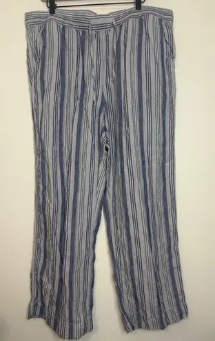 L.L. Bean 100% Linen Pants 18W Blue Striped Elastic Waist Wide Leg Pull On