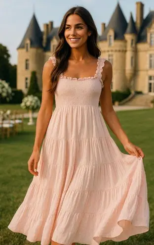 Quince Linen Smocked Maxi Dress Pink Ruffle Strap XL Cottagecore Parisian Garden