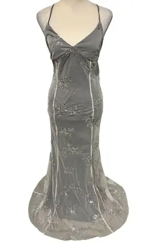 Elegant Slate/Light Grey Backless Dress Detailed w/Sequins BRAND NEW NEVER WORN Silver Size M