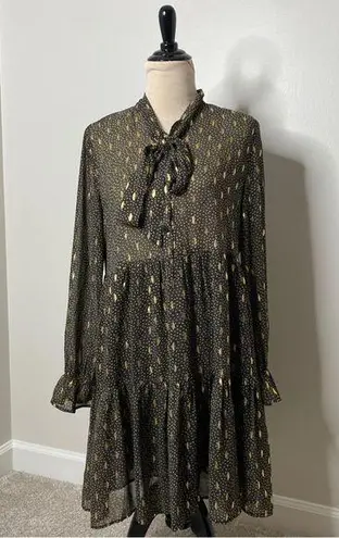 Elan Black Gold Metallic Feather Tie Neck Bow Button-up Bell Sleeve Dress Large