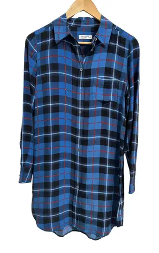 Equipment Femme Silk Blue Plaid Button Down Long Sleeve dress XS