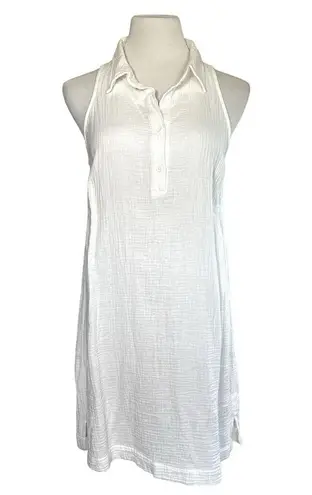 Monrow Gauze Cotton Henley Halter Collared Button Sleeveless Dress White Small