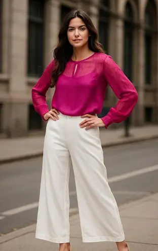 Simply Styled by Sears Sheer XL Fuschia Pink Long Sleeve Blouse Keyhole Neckline