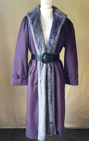 Vintage 70s Purple Faux Fur Trim Maxi Coat Quilted Lining Longline Jacket M Size M
