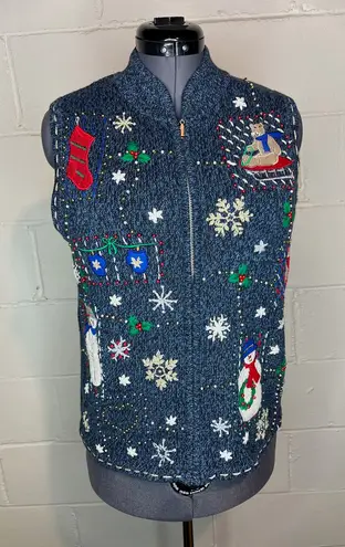 christmas sweater vest snowmen snowflakes beaded Blue Size M