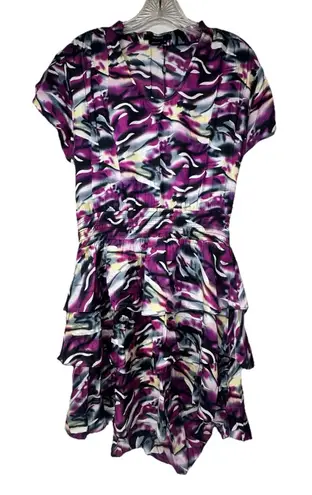 Vertigo Dress Women’s Size Medium Blouson Flare Tiered Cinched Purple Blue Work