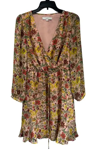 Loft  Long Sleeve Floral Wrap Mini Dress Pink Fall Wedding Guest XS