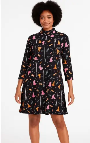 Womens Black Halloween Witch Raven Novelty Print Mock Neck Dress size Medium