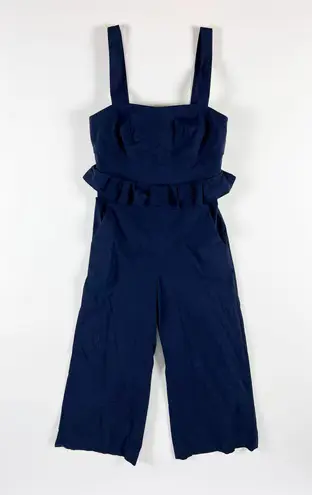 sea Leia Cotton Poplin Flirty Ruffle Waist Square Neck Full Length Jumpsuit Blue