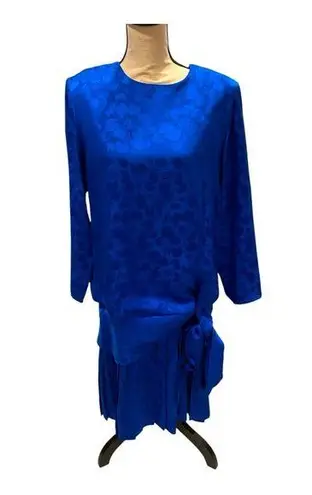 Vintage 80’s blue floral silk drop waist Pat Argenti giant bow tie pleated dress Size 8