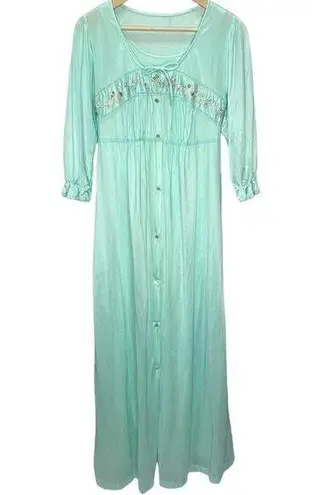 Vintage Texsheen Peignoir Nightgown Set Teal Blue Size M Shiny Long Floral 60/70 Size M - Image 1