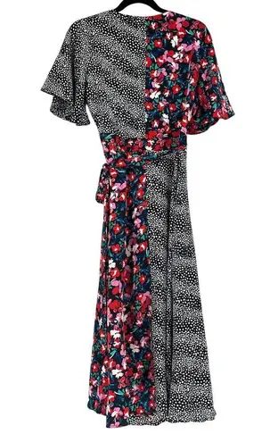 simply styled Vintage Mixed Print Wrap Dress Flutter Sleeve Floral Polka Dot S