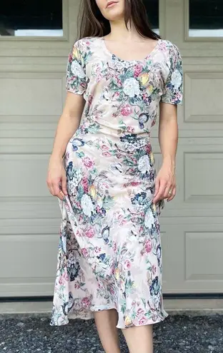 Vintage Pink Floral Toile Cottagecore Print Bias Cut Short Sleeve Maxi Dress M Size M