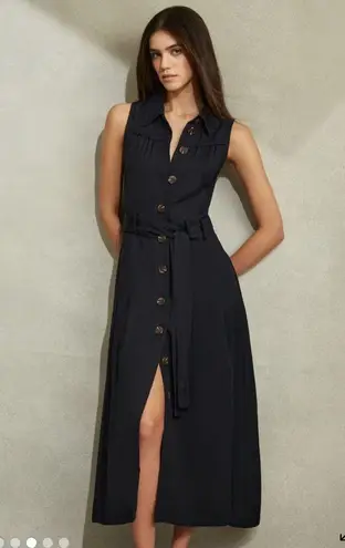 Reiss HEIDI VISCOSE-LINEN BELTED MIDI DRESS IN NAVY, Size 4 , $298
