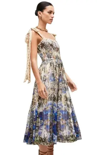 Karen Millen  Placed Border Print Tie Strap Metallic Smocked Midi Dress US 20