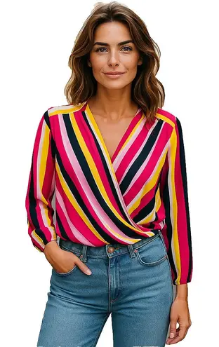 NYGARD Stripe Multicolor Long Sleeve Blouse Red Pink Yellow Size Large