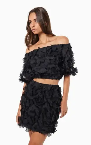 Elliatt Marsha 3D Flower Off Shoulder Crop Top and Mini Skirt Set Black