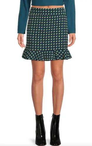 Band Of The Free New Diamond Print Ruffle Mini Skirt Colette Black Teal Sz Large