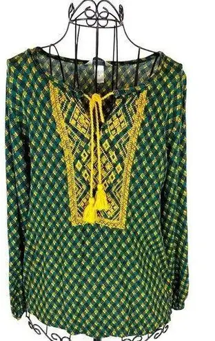 Christopher & Banks  Green and Gold Boho Top with Tassels Women’s Size Medium