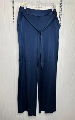 Halston Heritage Halston Wide Leg Pants Navy Blue Satin Gorgeous High Waisted Belted Size 14
