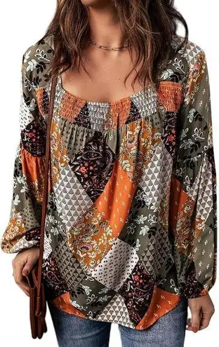 NEW Patchwork Print Mixed Boho Floral Tunic Length Lantern Sleeve Blouse