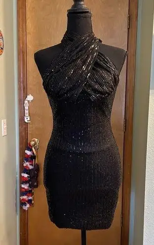 NWOT black sequined halter mini dress size 0 prom cocktail party dress