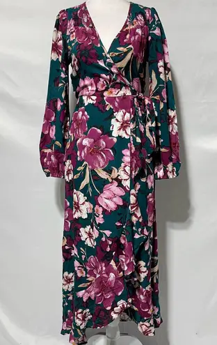 Band Of The Free New Floral Ruffle Wrap Long Sleeve Maxi Dress Pine Plum Size XS