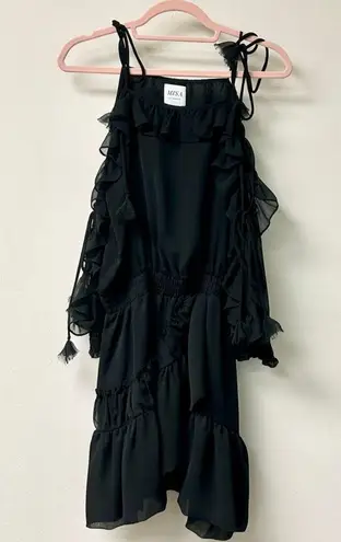 MISA Los Angeles Emelie Tie Cold Shoulder Ruffle Hem Mini Dress Black Women's M