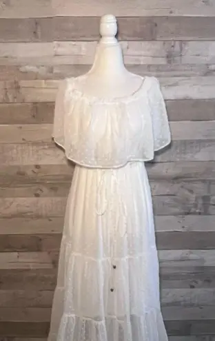 Baltic Born White Swiss Dot Tiered Off Shoulder Maxi Dress