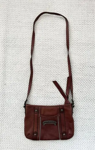 B Makowsky Cognac Tan Slim Small Crossbody Bag Silver Metal Banner Name Hardware