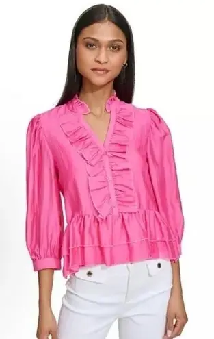 Karl Lagerfeld Pink Ruffle Peplum V Neck 3/4 Sleeve Blouse Top Women's Medium