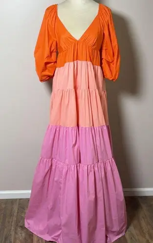 New STAUD Meadow Dress Orange Pink Colorblock Tiered Maxi Size S